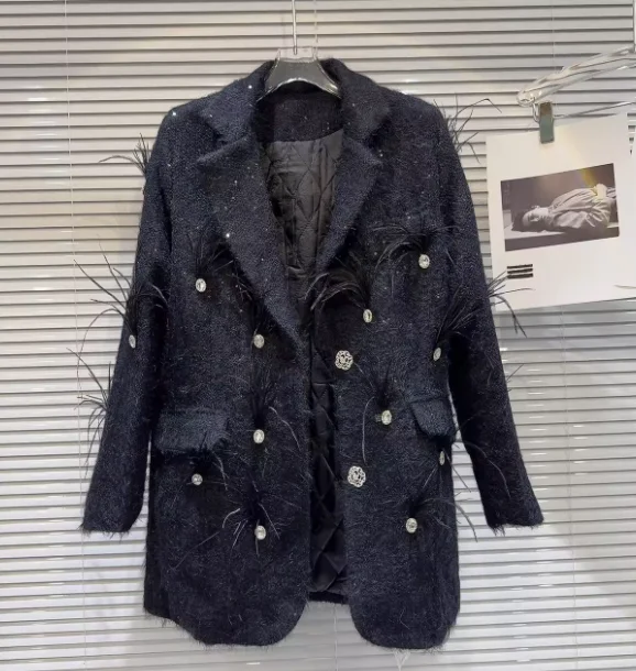 Temperament Rhinestone Beaded Mink Fur Quilted Long Suit Coat Women 2023 Winter New Tailored Collar Long Sleeve Jacket Female
