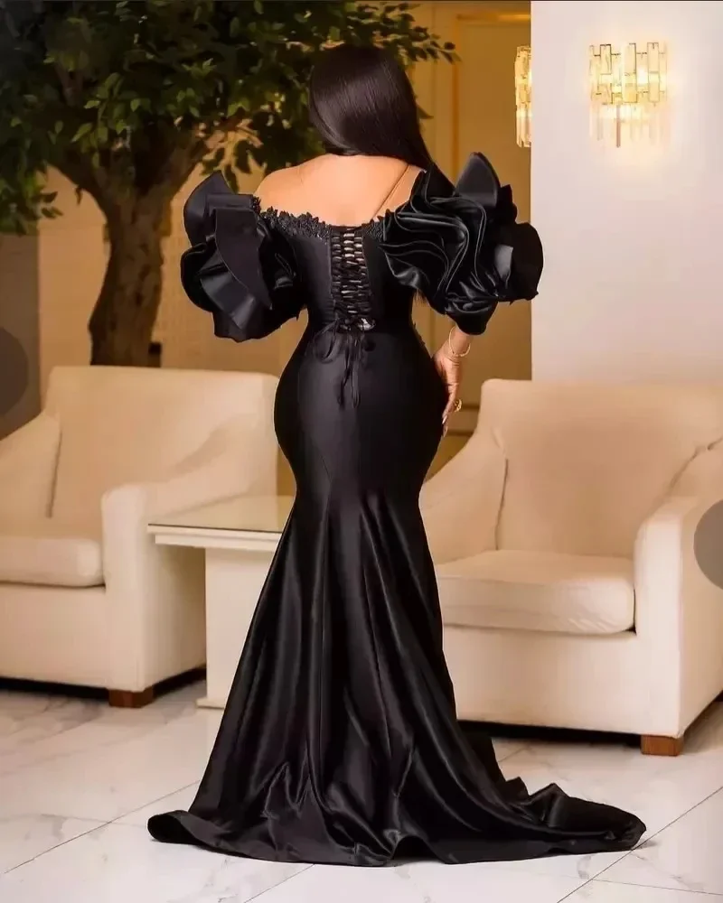 Flavinke Black Satin Asoebi Formal Dress Ruffled Short Sleeves Corset Mermaid Prom Dresses 2024 African Evening Party Dress