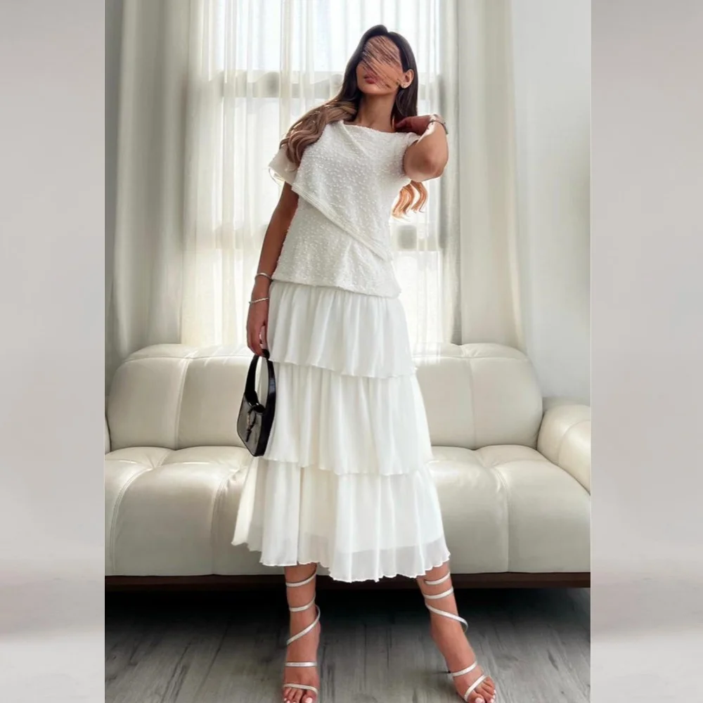 

Customized Chiffon Draped Tiered Wedding Party A-line O-Neck Bespoke Occasion Gown Midi Dresses