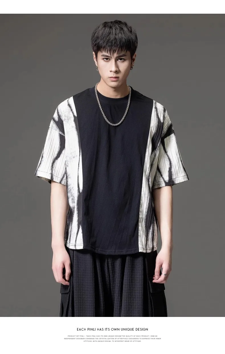 

2023 Summer Fashion New Ink Gradient Printing Short Sleeve T-shirt Men's Casual Off Shoulder Black T-shirt Trendy Top B232111047