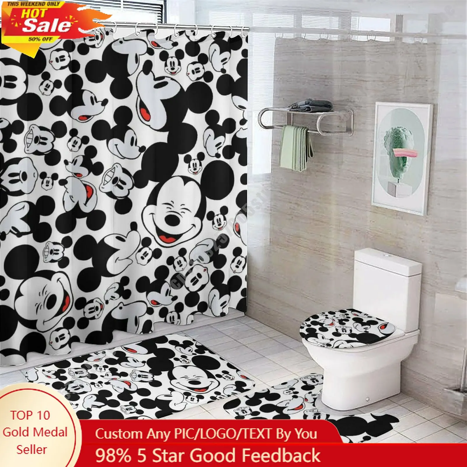 

Custom Shower Curtain Set Disney Cartoon Pattern Non Slip Rug Toilet Cover Bath Mat 4PCS Decorating Birthday Gift