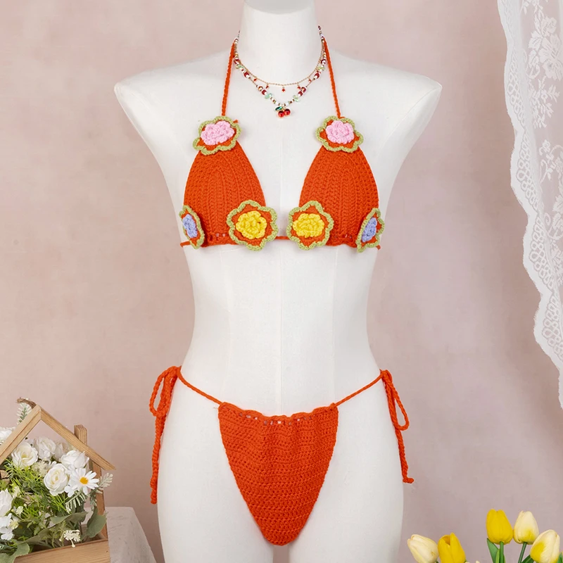 Two-piece hand-knitted three-dimensional flower Women Sexy Bikini Set Cover Up Binding Rope  Swimsuit Summer Holiday Beach Wear