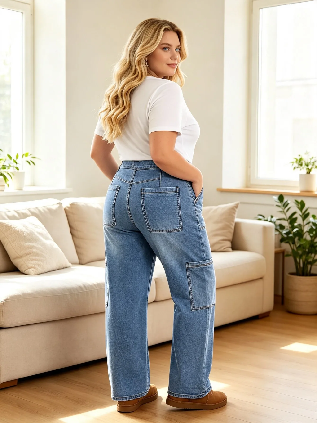 【HME】Jeans | Drawstring Adjustable Waist Denim Pants For Ladies, Loose Cropped Cargo Denim Jeans, Multi‑Pocket Design Relaxed Pants, Vintage Light‑Wash Denim For Street Daily Look