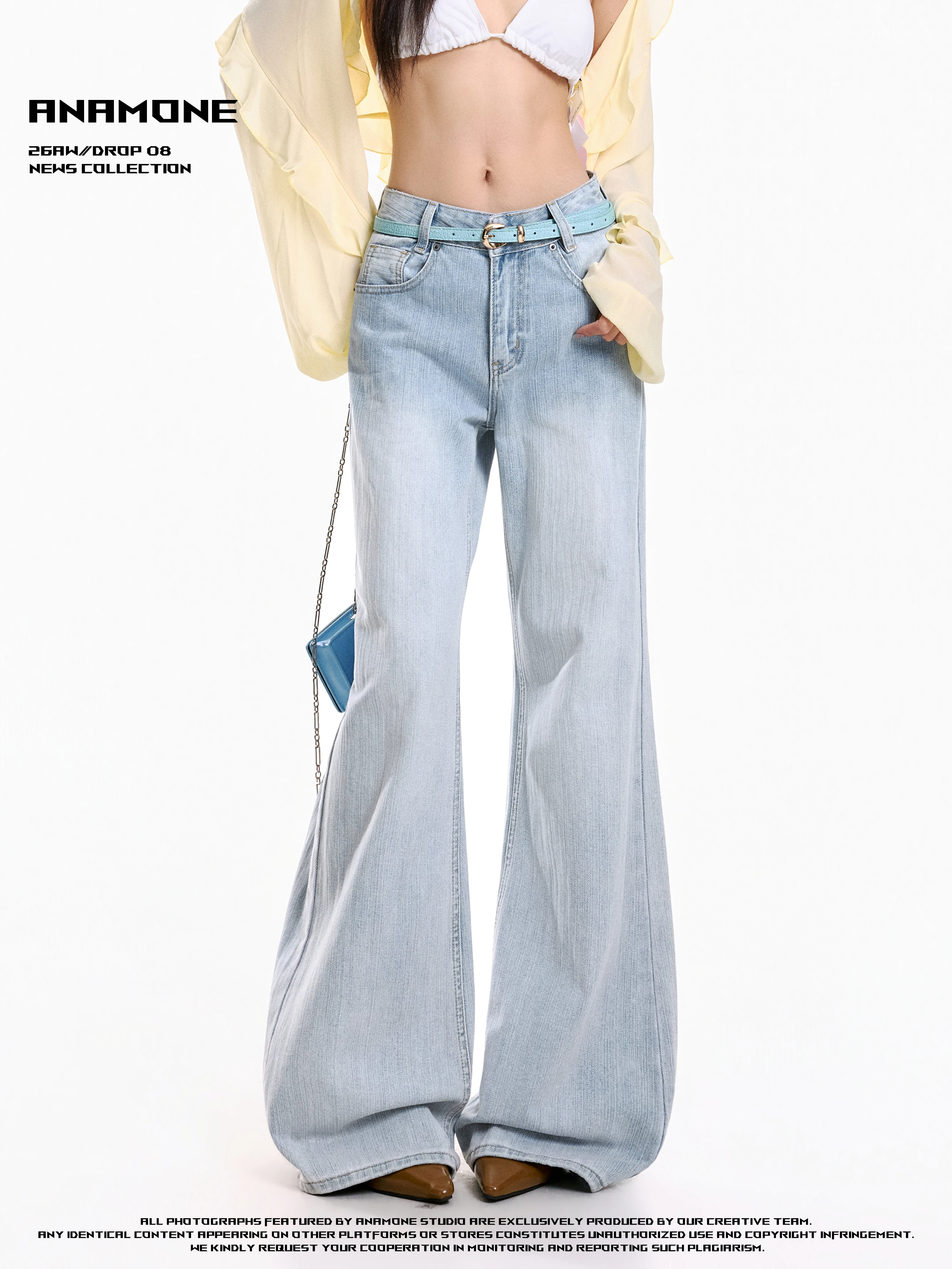Low Waist Wide Leg Jeans Women's Micro Flared American Washed Floor Length Casual Blue Denim Pants Spring Autumn Winter