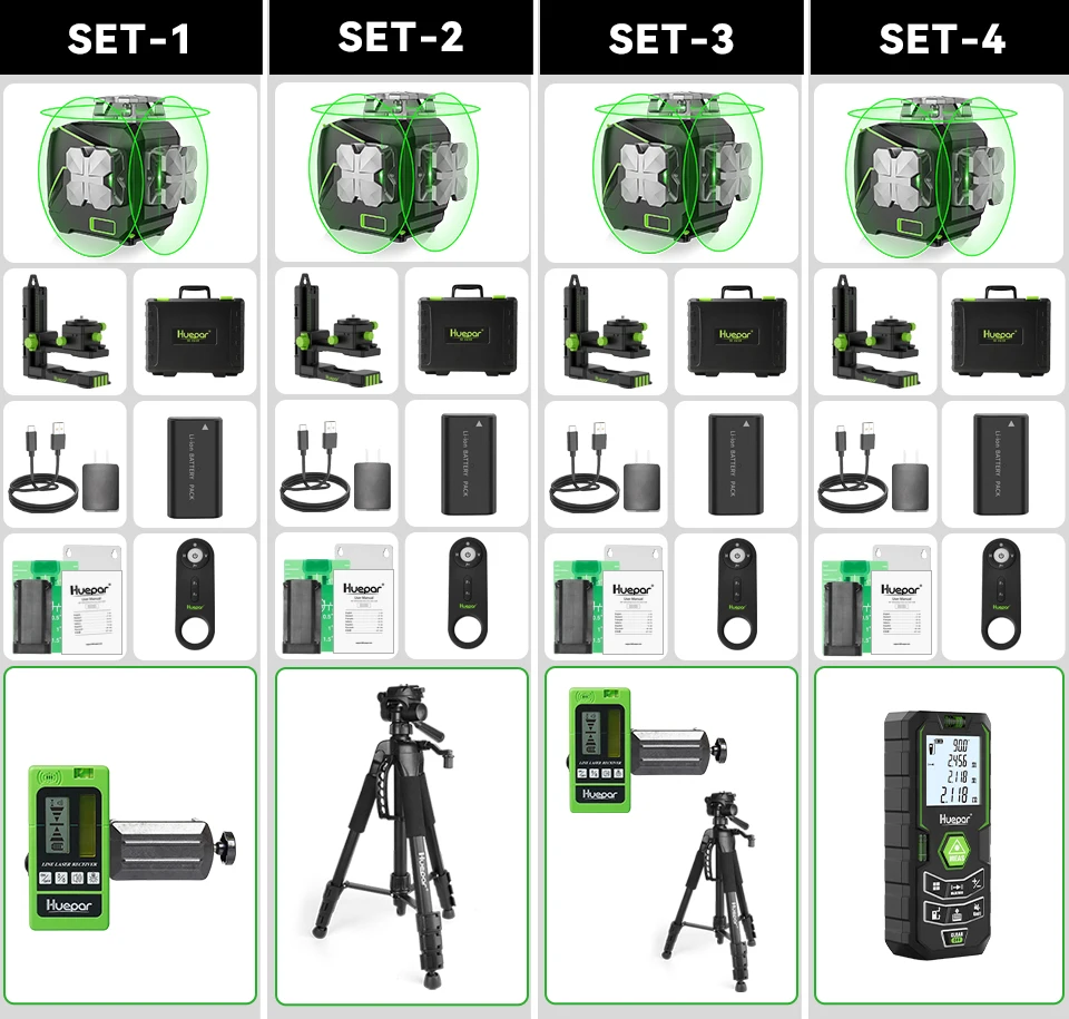 Huepar S03CG Set 3D Cross Line Laser Level Bluetooth & Remote 12 Lines Osram Green Beam Laser With Receiver Tripod Rangefinder