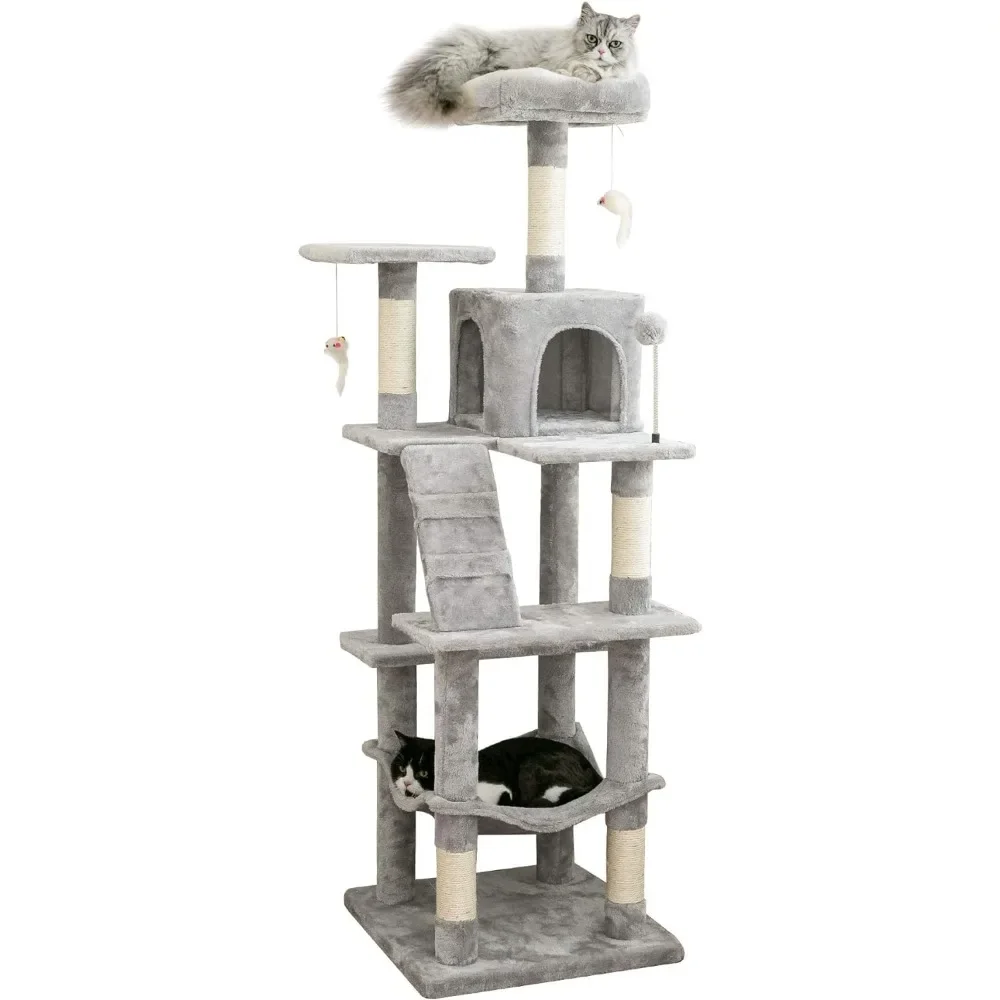 

63.8inches Multi-Level Cat Tree for Large Cats with Sisal-Covered Scratching Posts, Padded Platform,Hammock and Condo,Light Gray