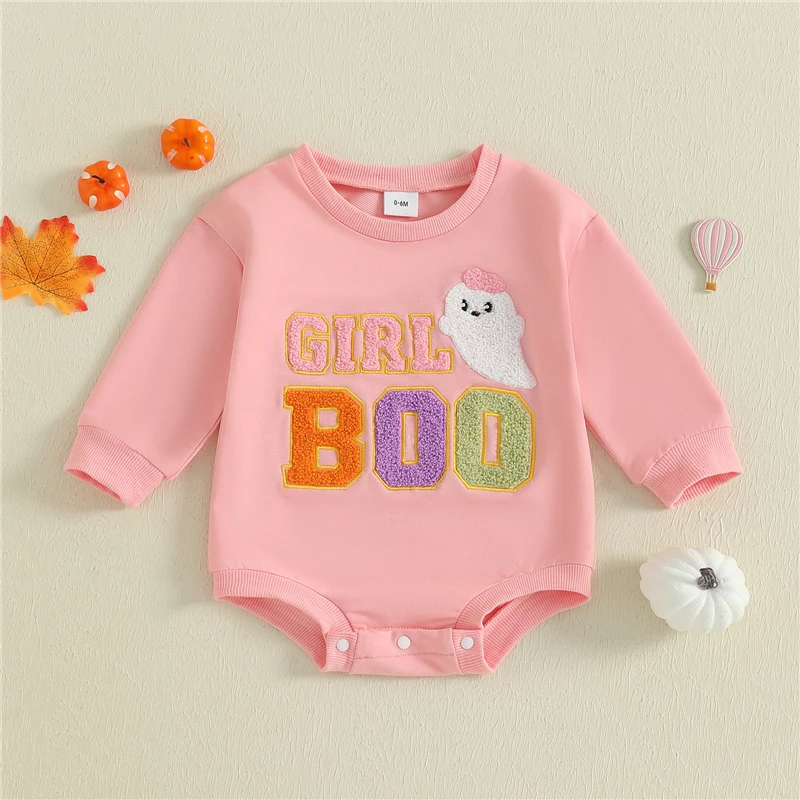 Infant Baby Girls Swetahirt Romper Long Sleeve Crew Neck Embroidery Letters Ghost Jumpsuit Newborn Halloween Costume