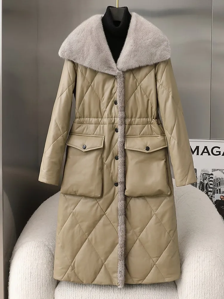 Winter Office Ladies Warm Long Sheepskin Genuine Leather Down Jacket Slim Fit Mink Fur Collar Overcoat Women Thick Trench Coat