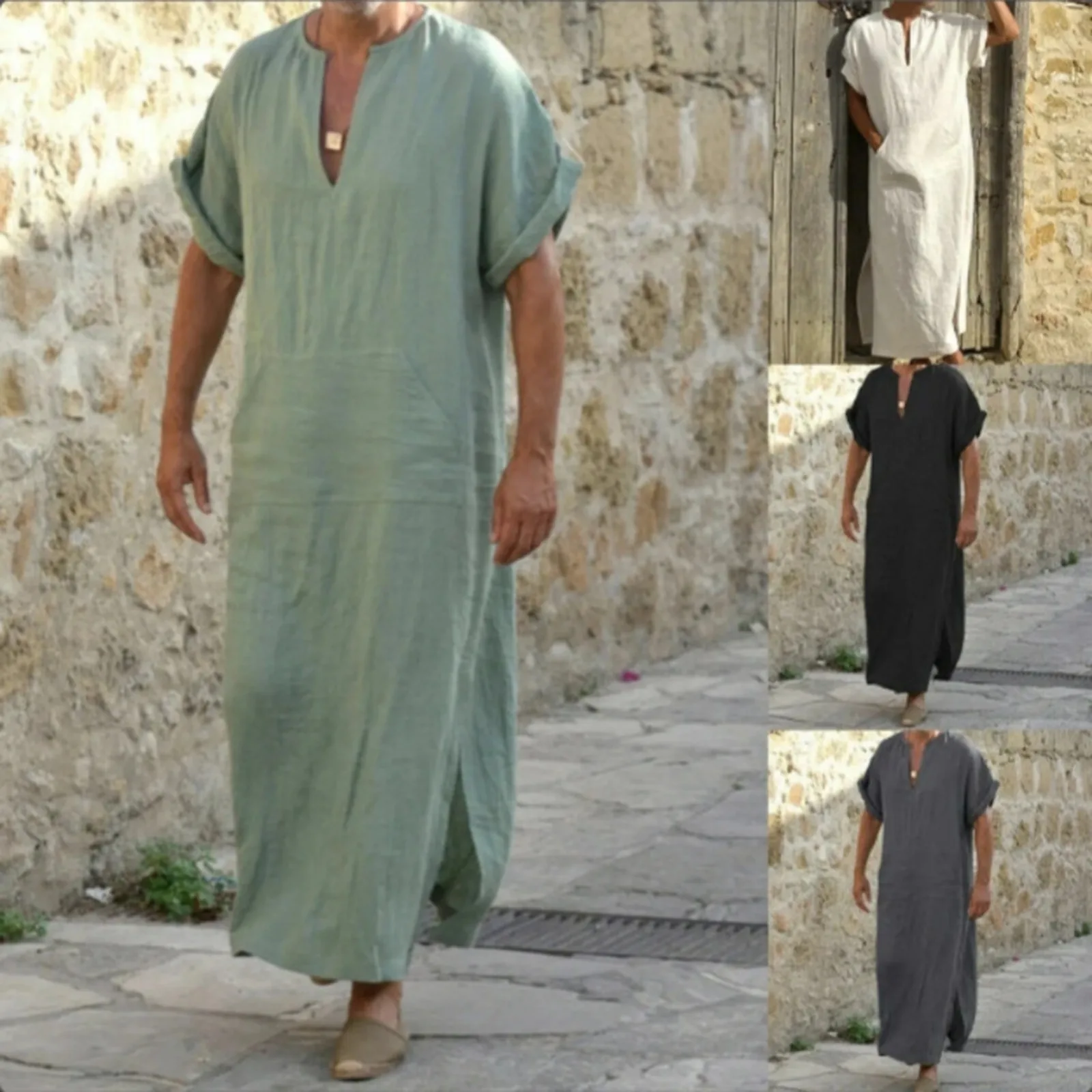 Men's Muslim Robe Arab Middle East Abaya Jubba Thobe Ramadan Islamic Clothing Arabic National Costume Male Prayer Clothes