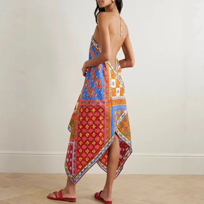 Ethnic Retro Print Irregular Long Dresses Spring Sexy Halter Backless Hollow Boho Dress New Summer Loose Satin Woman Party Dress