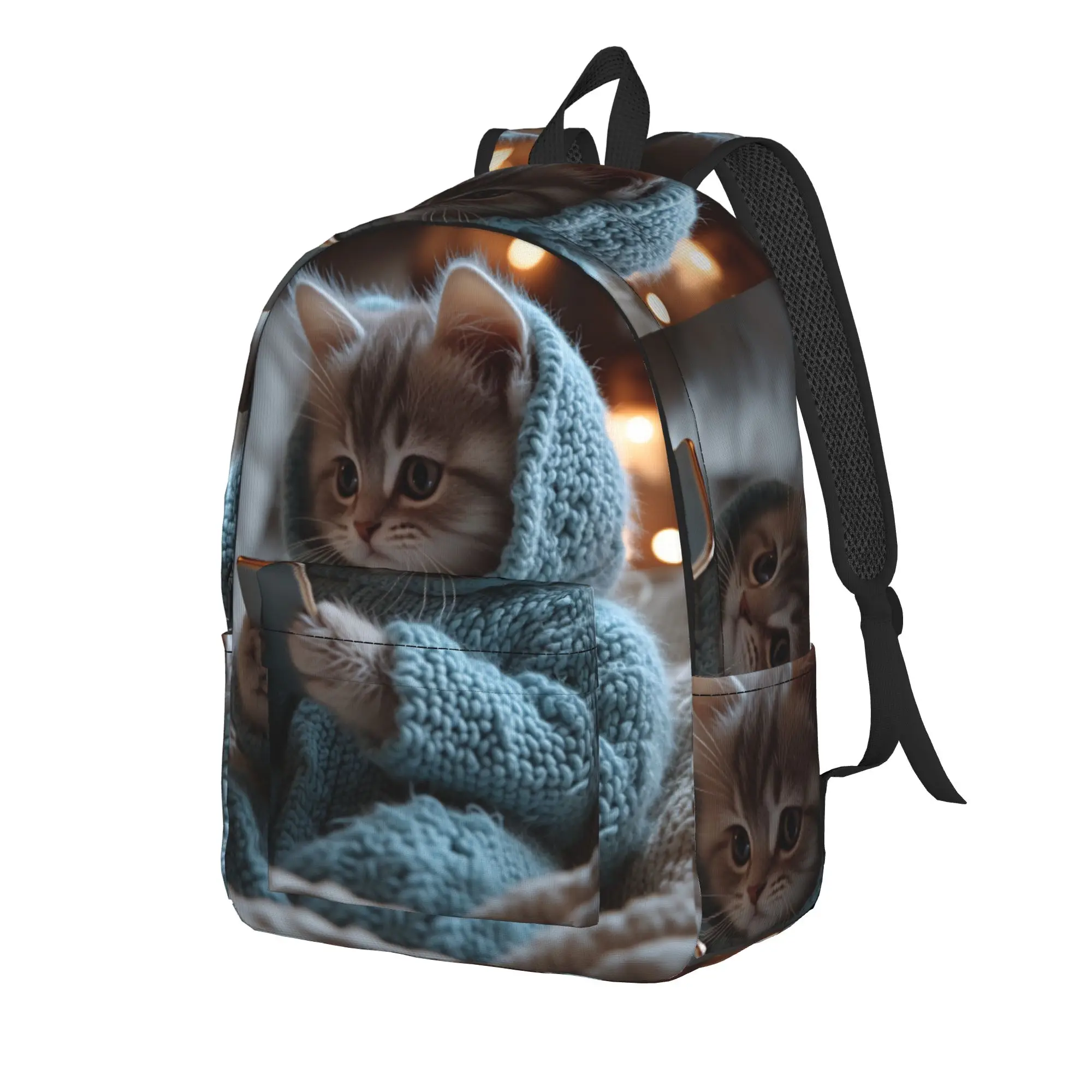 Cute Kitten in Hoodie Backpack Male  Lightweight Backpacks Polyester Cute High School Bags Travel High Quality Rucksack