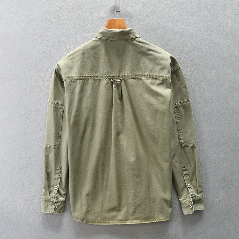 Winter Fall Fashion Men's Multi Pocket Patchwork Vintage Cargo Shirt Solid Color Long Sleeve 100% Cotton Loose Daily Tops Blouse