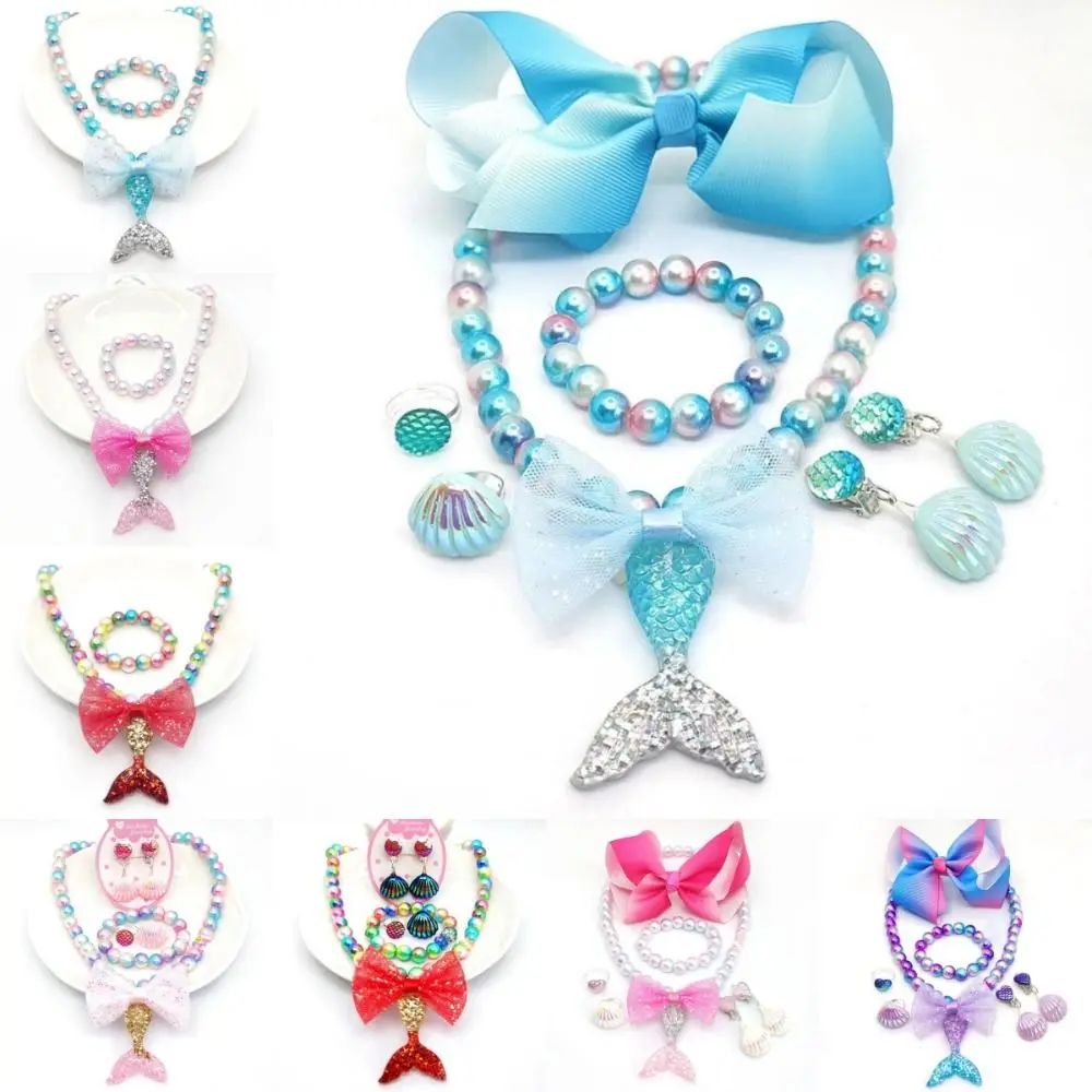 2/6/7PCS Adjustable Girls Beads Necklace Set Cartoon Chunky Jewelry Mermaid Tail Pendant Fashion Lovely Children Jewelry Set