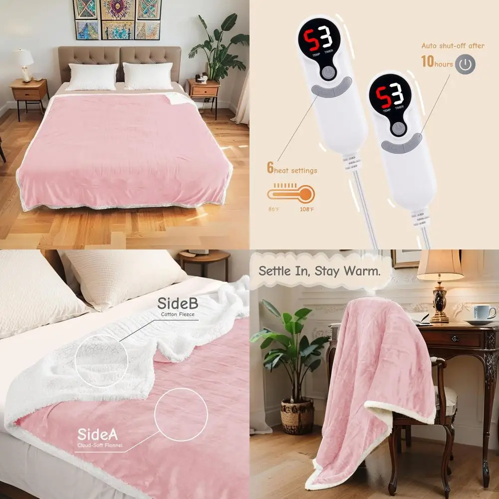 

Электрическое одеяло размера Queen 84x90, мягкая фланель, два контроллера, защита от перегрева, 6 режимов нагрева, 10-часовой таймер, быстрая война