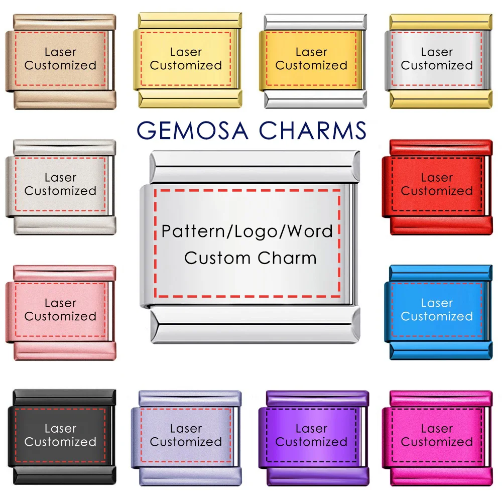 GEMOSA Personal Customization Colorful Link Laser Engrave Pattern Logo Word Italian Charm Fit 9mm Stainless Steel Bracelet Beads