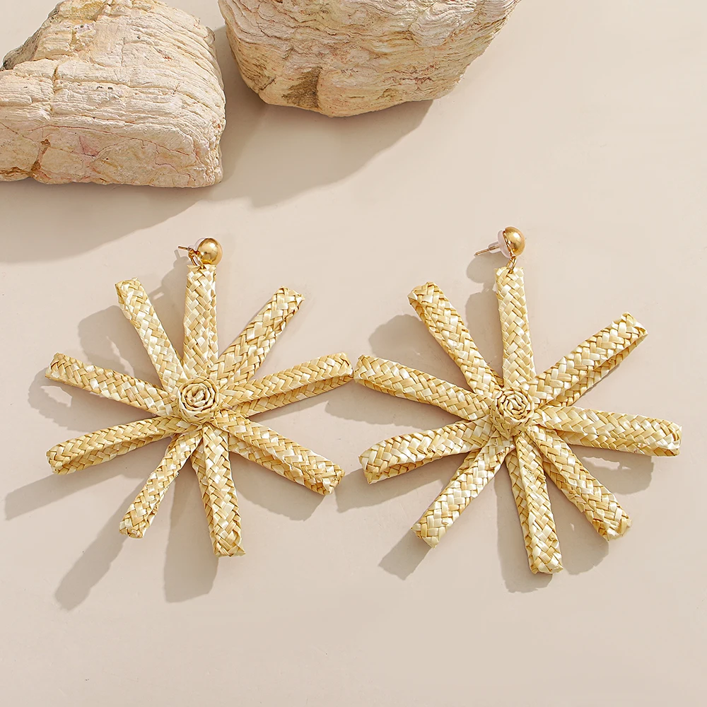 AENSOA Bohemian Sun Flowers Shape Women's Earrings Trendy Hand-woven Wheat Straw Iron Alloy Original Design Jewelry Accessories