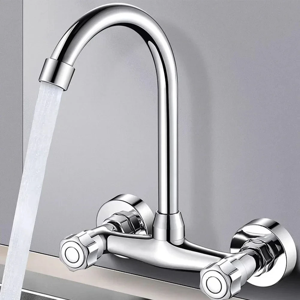 Stainless Steel Kitchen Sink Faucet Double Hole Wall Mounted Cold And Hot Faucet 360degree Swivel Kitchen Faucet