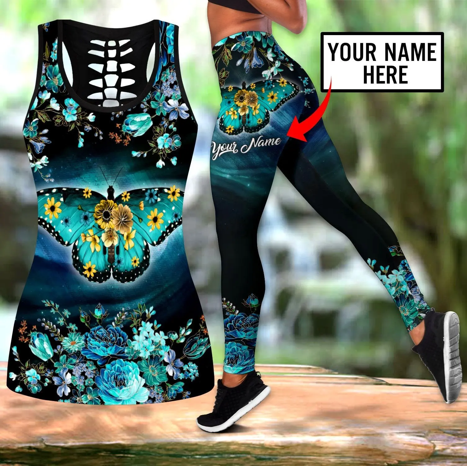 Custom Name Butterfly 3D Printed Hollow Tank Top And Leggings Set for Women Full Length Fitness Yoga Running Pants KBX01