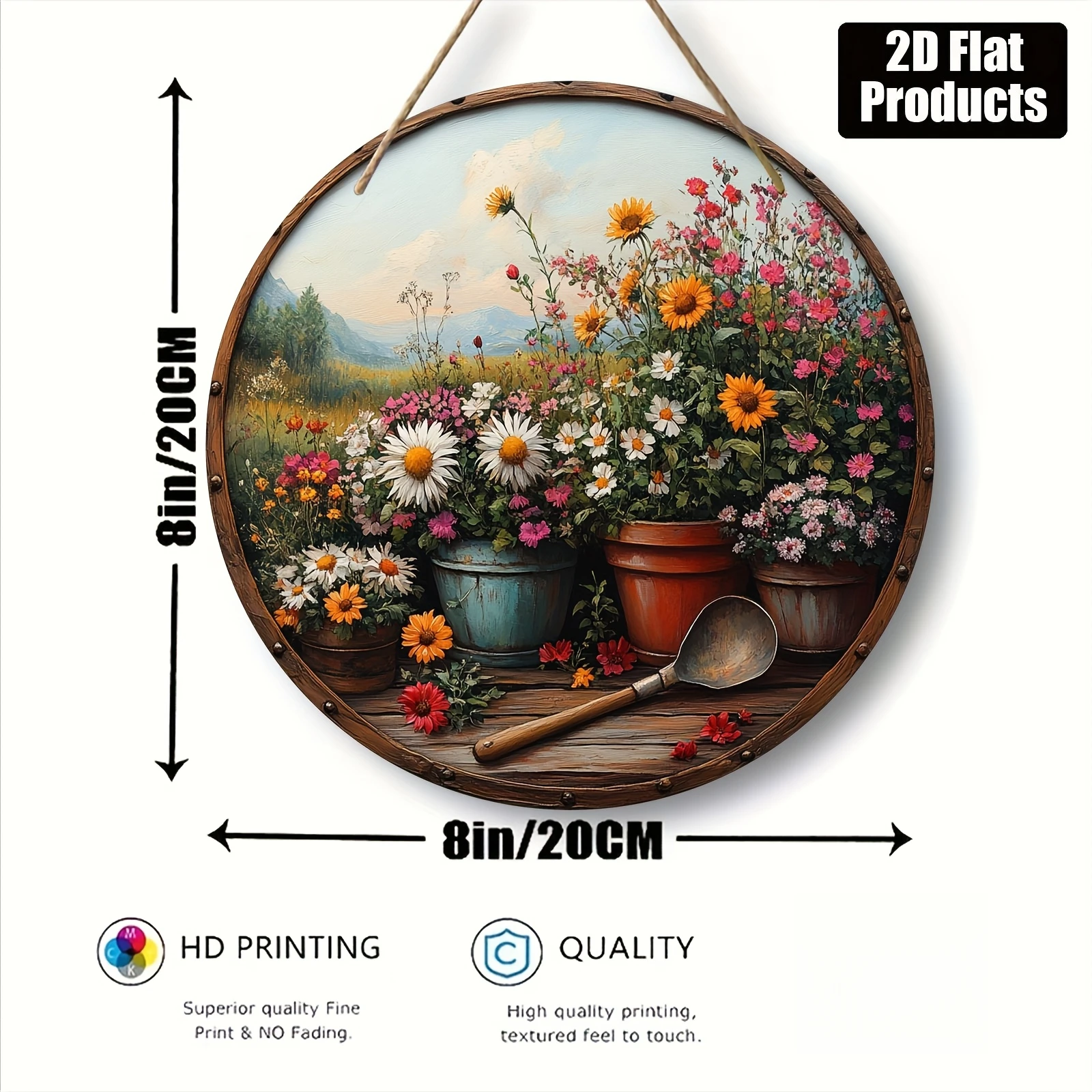 2D Flat - A Round Wooden Decorative Sign, Flat And Made from a Single Piece, Featuring a Garden Tools And Floral Design. Ideal f