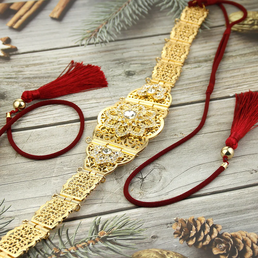 Sunspicems Morocco Bride Rope Belt for Women Gold Color Metal Flower Caftan Belt Arabic Robe Waist Chain Hand-knit Rope Bijoux