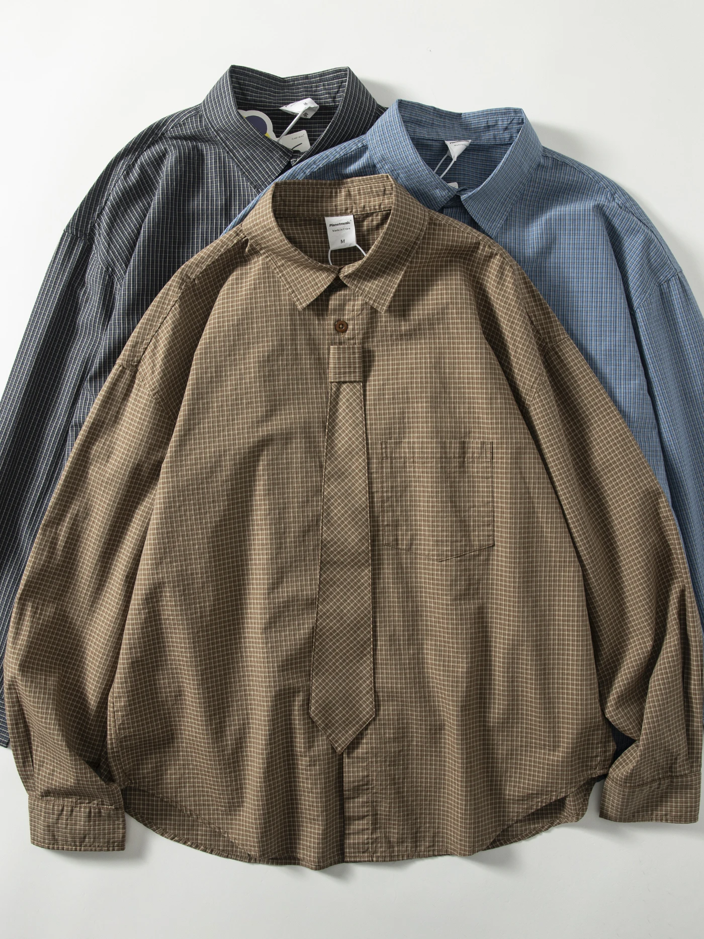 

Laid-ba Plaid Long Sve Loose Fit Men's irt Spring 2026 Trendy Japanese Brand Detachable Tie Collar Casual Outerwear