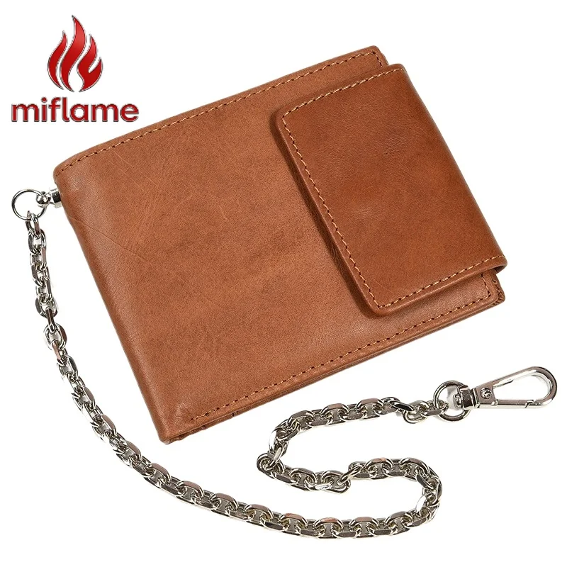 

Стильный мужской короткий кожаный кошелек-портмоне с молнией, цепочкой, защитой от кражи, множеством отделений для карт и монет, из кожи Crazy Horse.