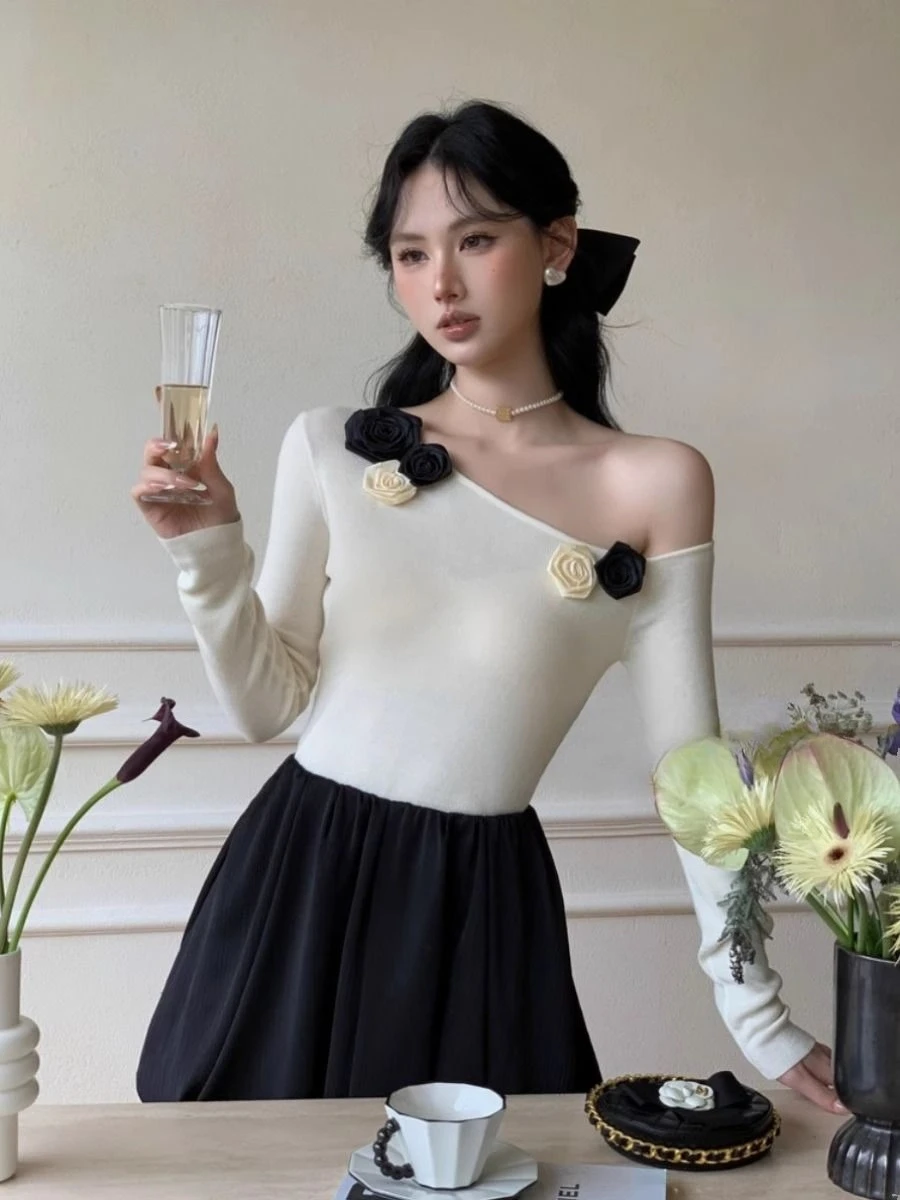 

Kimotimo Flower Off Shoulder Knitted Crop Top Women Autumn Temperament Slim Fit Long Sleeve Pullover Korean Fashion Y2k Sweater