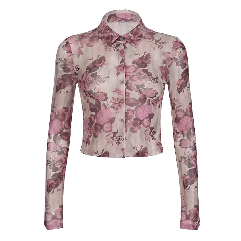 IAMHOTTY Vintage Flower Print Mesh Shirt Women's Autumn Spring Turn-down Collar Tops Coquette Button-up Long Sleeve Blouses Y2K