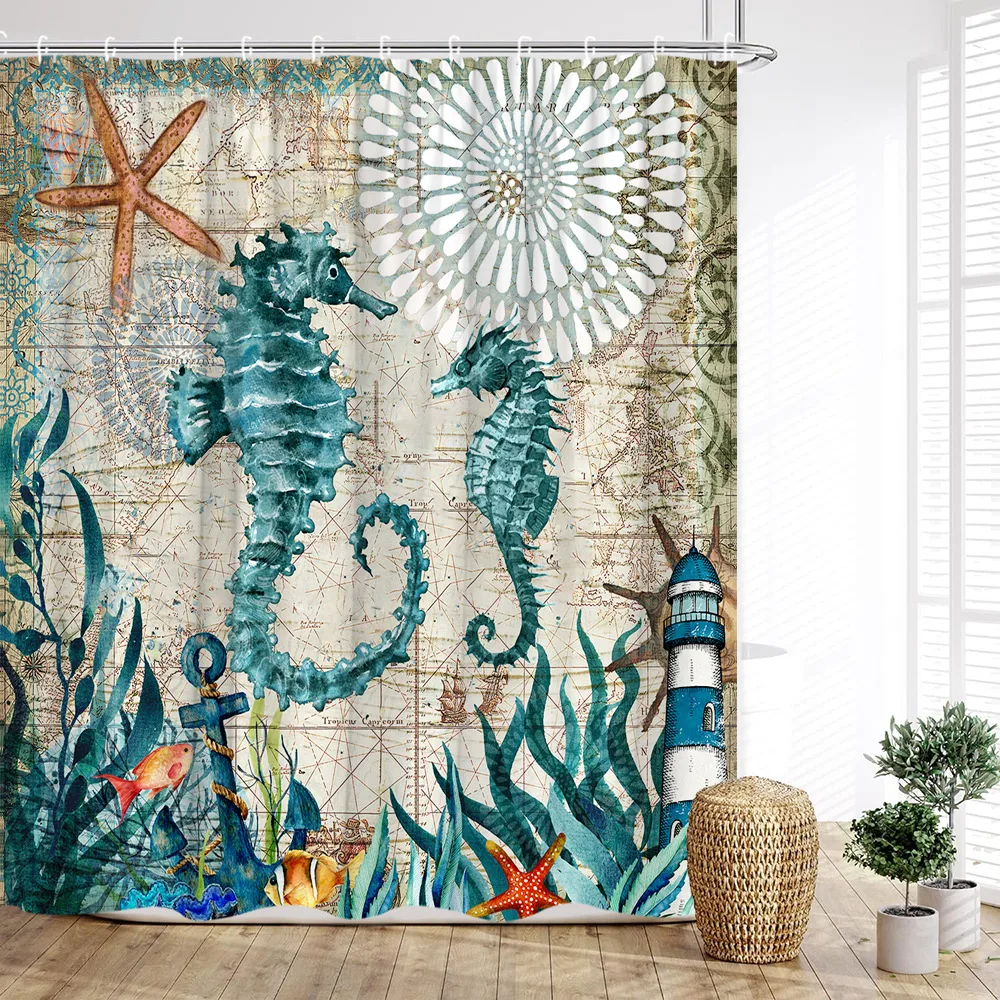 Ocean Shower Curtain Funny Animal Underwater Coral Seahorse Turtle Tropical Fish Cat Octopus Kids Blue Bathroom Decor with Hooks