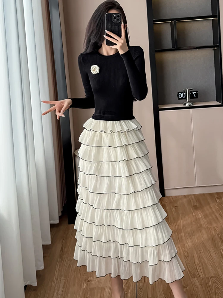 Feminino coreano vintage luxo vestido longo outono inverno preto malha retalhos branco em camadas vestido 2025 elegante bodycon vestido de baile