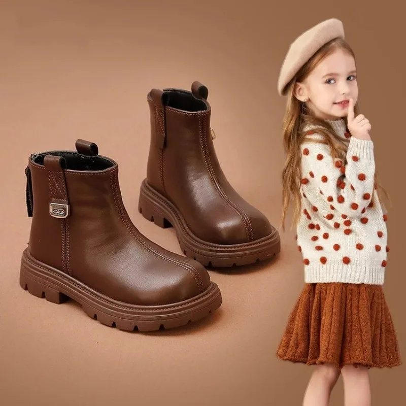 2024 New Fashion Shoes for Boy Girl Short Boots Non-Slip British Style Children's Design Single Boots Leather Boots Anti-skid