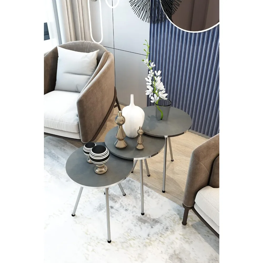 طاولات متداخلة مستديرة مكونة من 3 قطع - طاولات قهوة مدمجة قابلة للتكديس للمساحات الصغيرة، مثالية لغرف المعيشة وغرف النوم #3