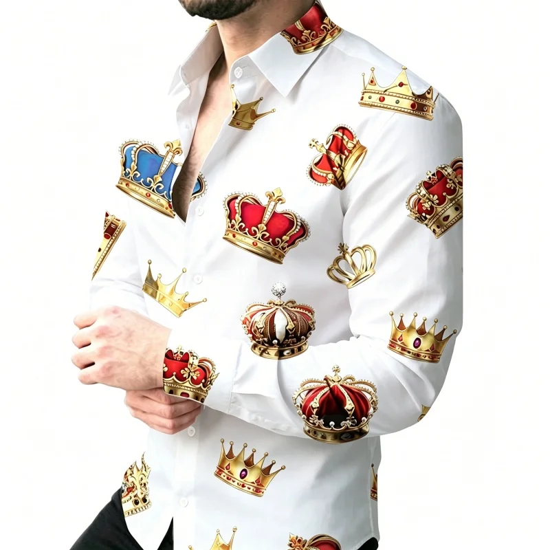 Men's shirt personalized crown print long sleeved black fashionable personalized print shirt versatile business casual men's top