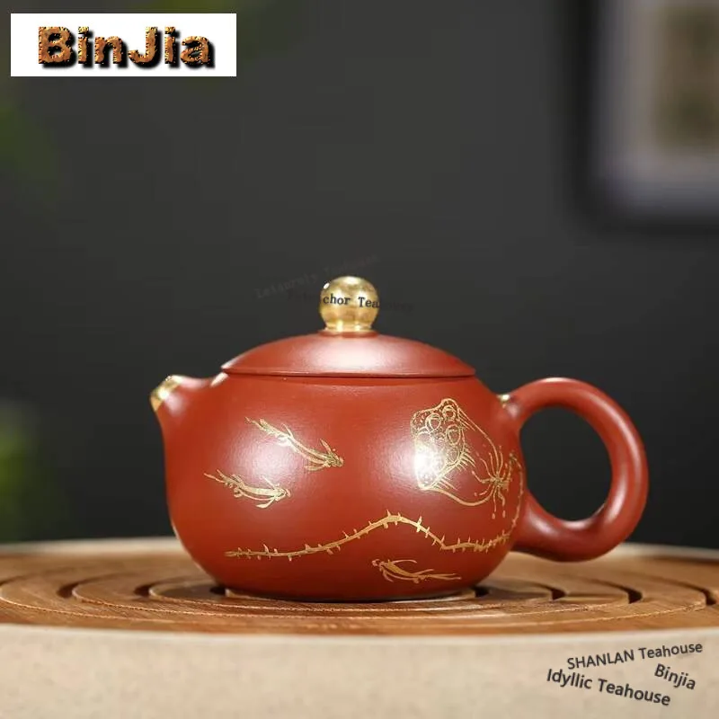100ml Elegant Yixing Purple Clay Teapots Handmade Gold Tracing Xishi Pot Raw Ore Dahongpao Mud Kettle Zisha Tea Set Drinkware