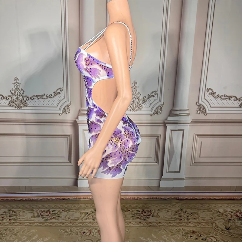 Frauen Hochzeit Outfit Lila Gold Strass Festival Kleid Feiern Abendkleider Bühne Nachtclub Bar Bühne Tragen XS10167