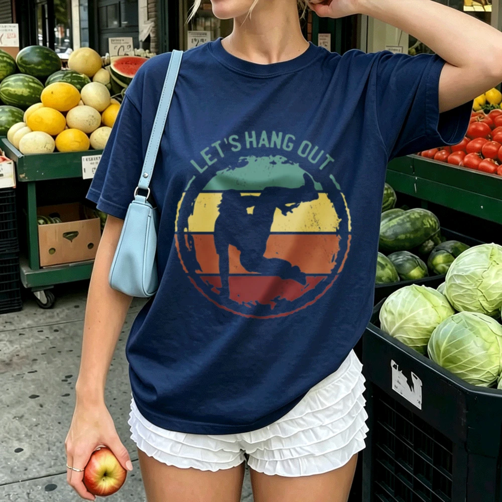 Let's Hang Out Retro Sunset Wakeboard Silhouette Graphic Cotton T‑Shirt Vintage Water Sports Print O‑Neck Casual Streetwear Tops