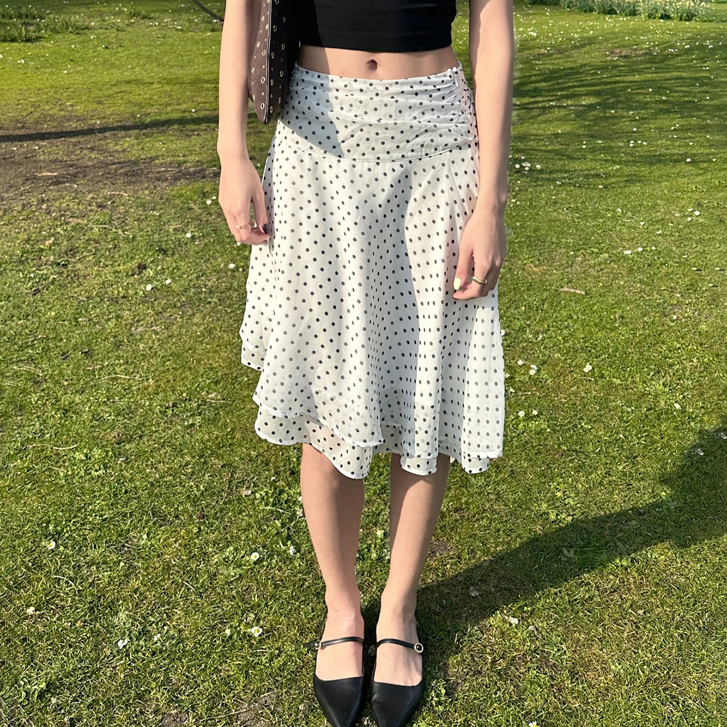 

SKMY Retro Vintage Waist Pleated Double-Layer Skirts Elegant Temperament Polka Dot Printed Irregular Hem A-Line Skirts Women