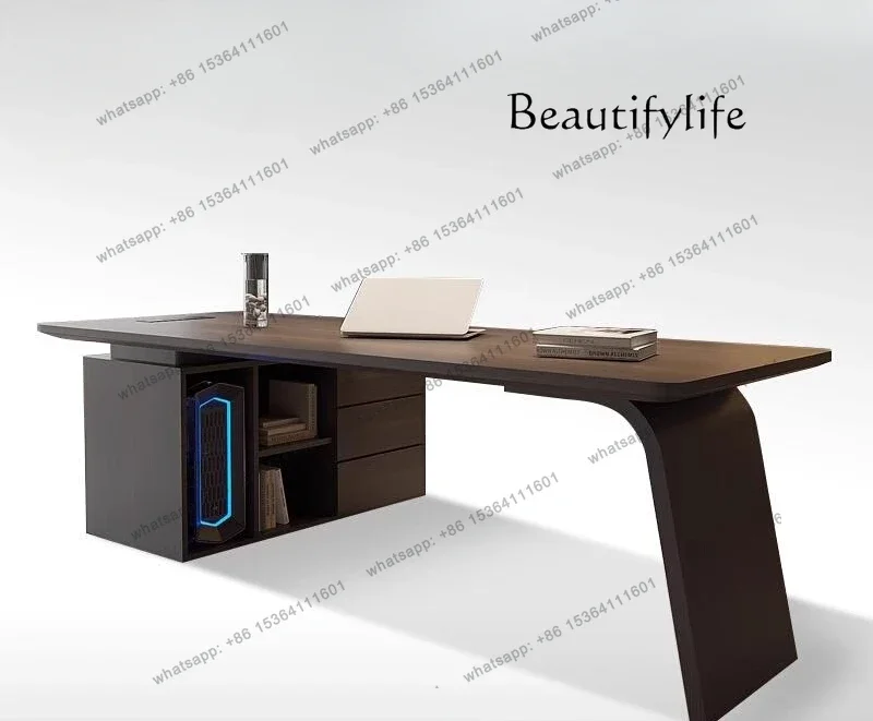 

z.Italian minimalist smoked wood desk household high-end study with cabinet computer desk desk