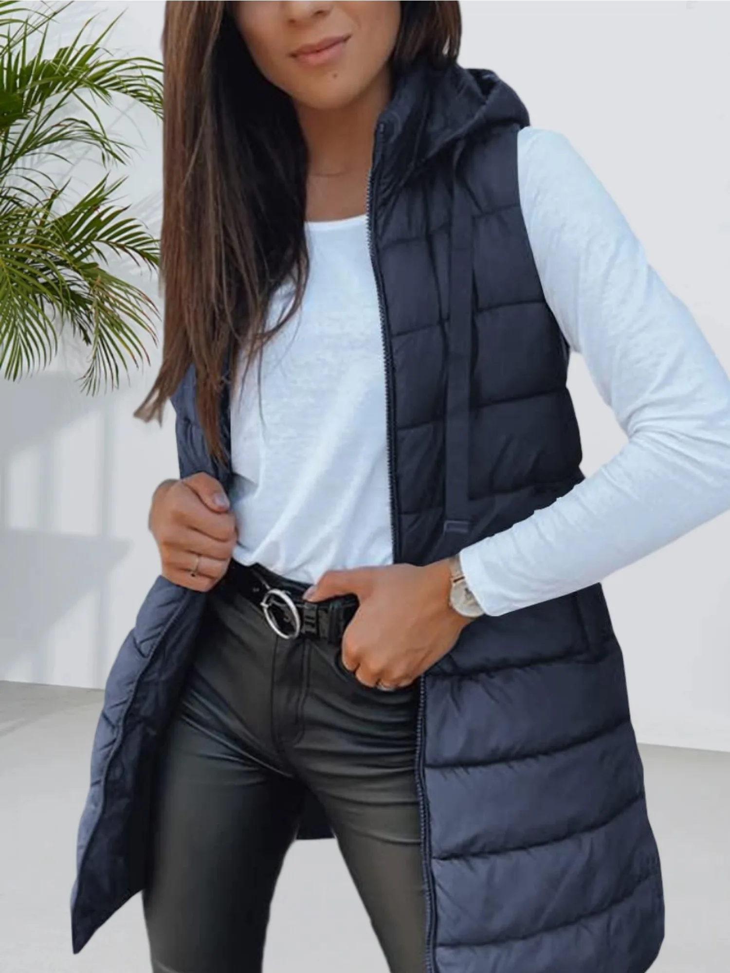 

Women Winter 2025 Daily Autumn Coat Long Vest Solid Color Sleeveless Hood Winter Puffer Vest Outwear Jacket