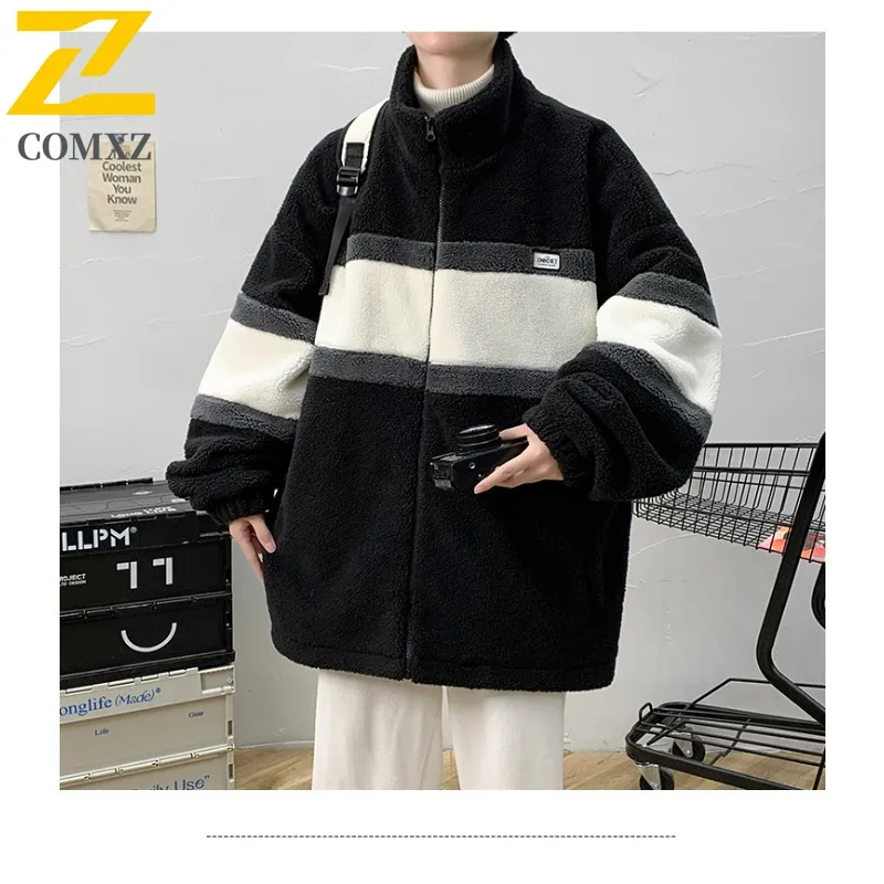 COMXZ 2025 Mens Winter Sherpa Lined Jacket Warm Fleece Coat Fashion Youth Trendy Outerwear tactics lightweight windbreaker