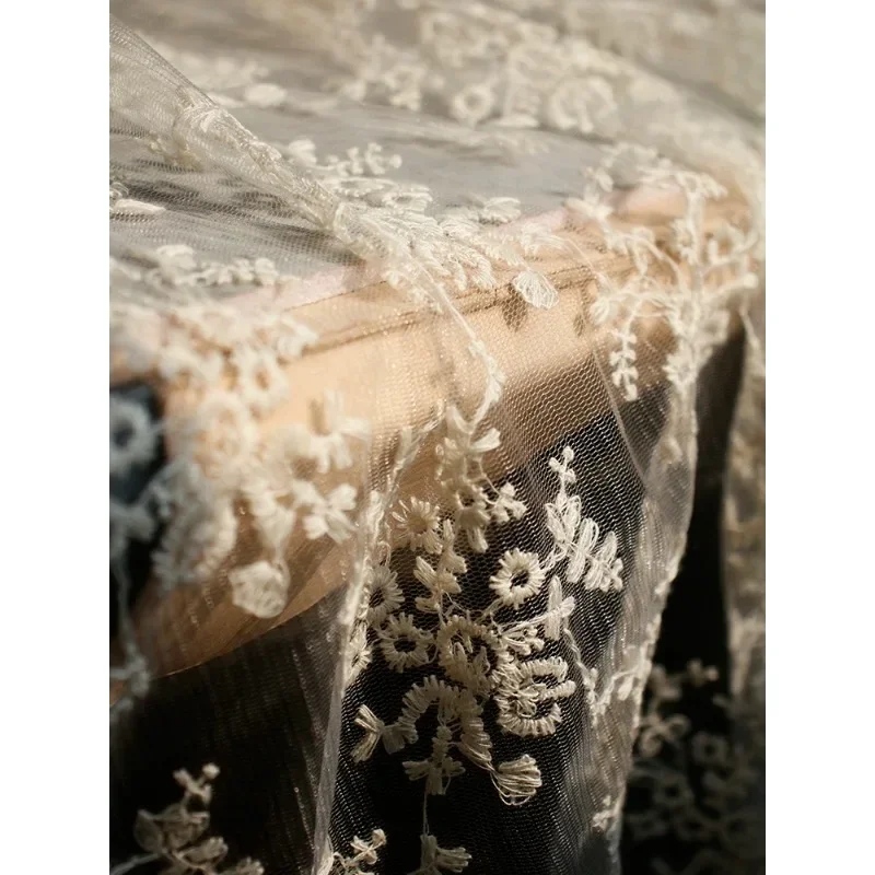 French Cotton Art Lace Embroidery Mesh Perspective Beige Handmade Dress Wedding Dress Fabric