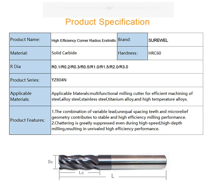 SUREWEL 4-Schneider-Rundnase-Schaftfräser aus Vollhartmetall, Fräswerkzeug CNC für Stahl, Eckenradius-Schaftfräser – Detail 3