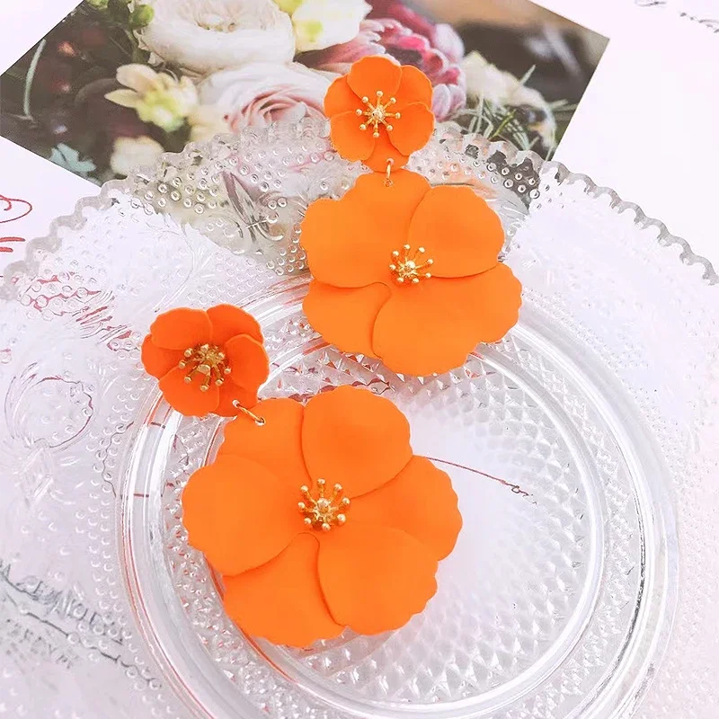 New Fashion Big Flower Drop Earrings for Women Vintage Orange Long Tassel Statement Double Layer Enamel Floral Earring Jewelry