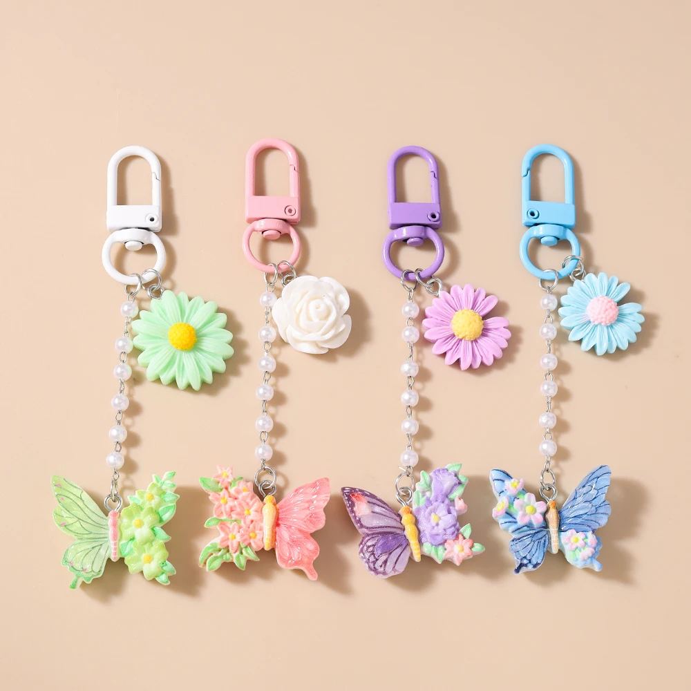 Cute Resin Butterfly keychain Women Girls Flower Key Ring Pendant for Handbag Charms DIY Key Chain Jewelry Gifts