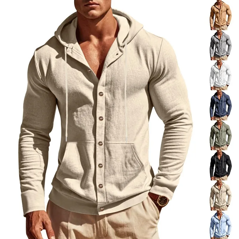 Lässiger Leinen-Hoodie Olivgrün Locker Sitzender Kapuzenpullover mit Kordelzug-Kapuze Känguru-Tasche Pullover Beige Langarm-Hoodie