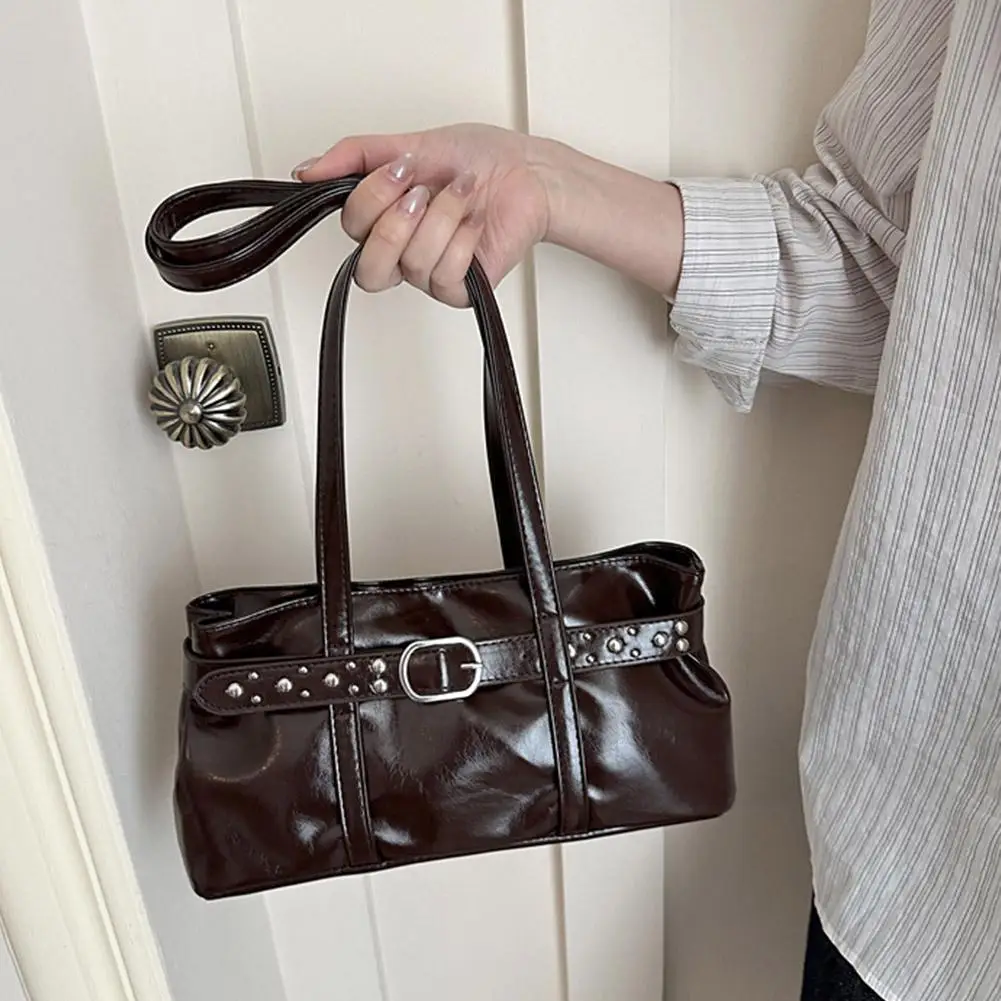 Vintage Motorrad-Gürtelschnallen-Schultertasche für Damen, europäische Retro-PU-Leder-Unterarmtasche, modische Handtasche für Büro und Pendeln – Detail 37