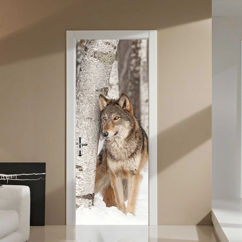 Animal Poster Snow Wolf Door Stickers 3D Room Wall Art Fridge PVC Mural Home Decorations Woods Scenery Self-adhesive Wallpaper