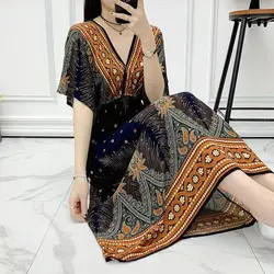 Robe Women Casual Elegant Retro Bohemian V Neck Bohemian Korean Print Summer Long Dress Clothes Outerwear Holiday Style