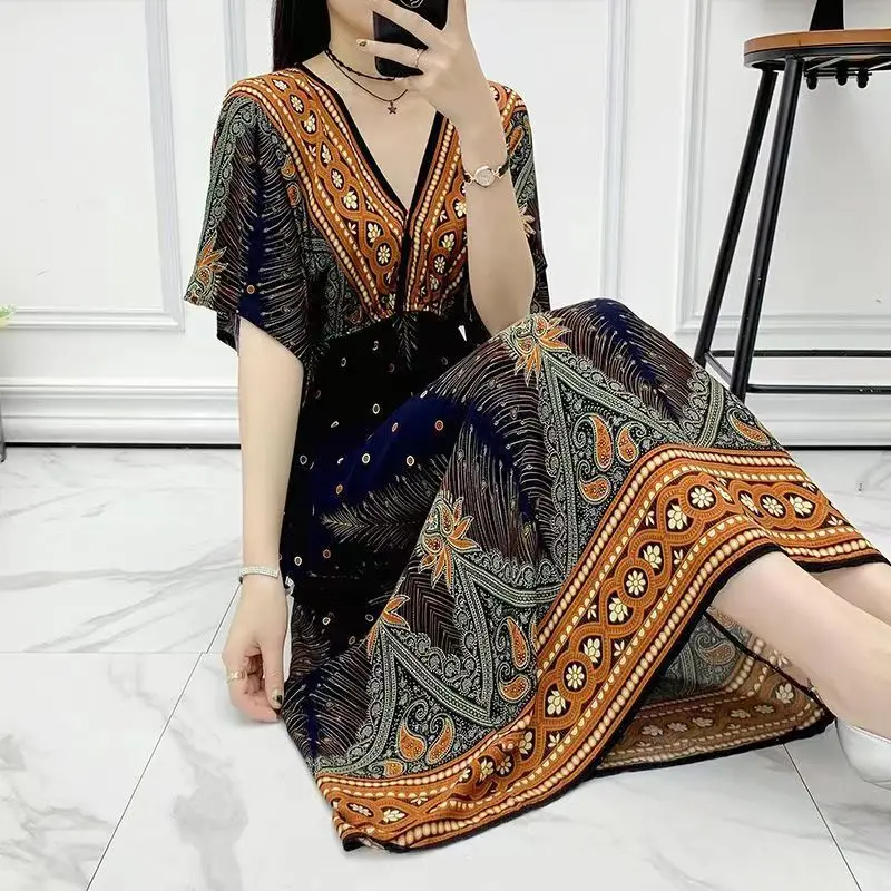 Robe Women Casual Elegant Retro Bohemian V Neck Bohemian Korean Print Summer Long Dress Clothes Outerwear Holiday Style