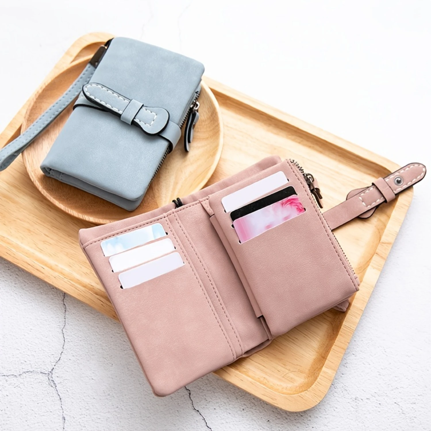 Casual Small Wallet With Wristlet, Cute Faux Leather Wallet With Card Slots & Zipper Pocket